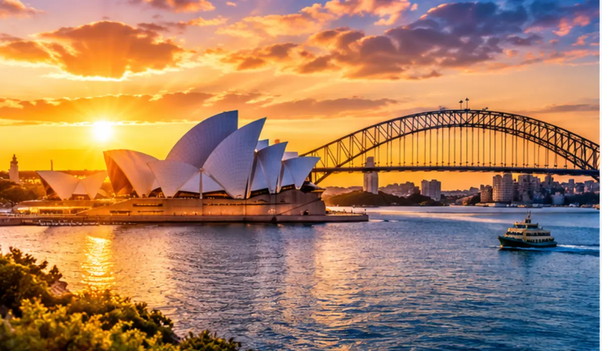 Sydney Opera House and Harbour Bridge at sunset used as an Australia travel connectivity illustration