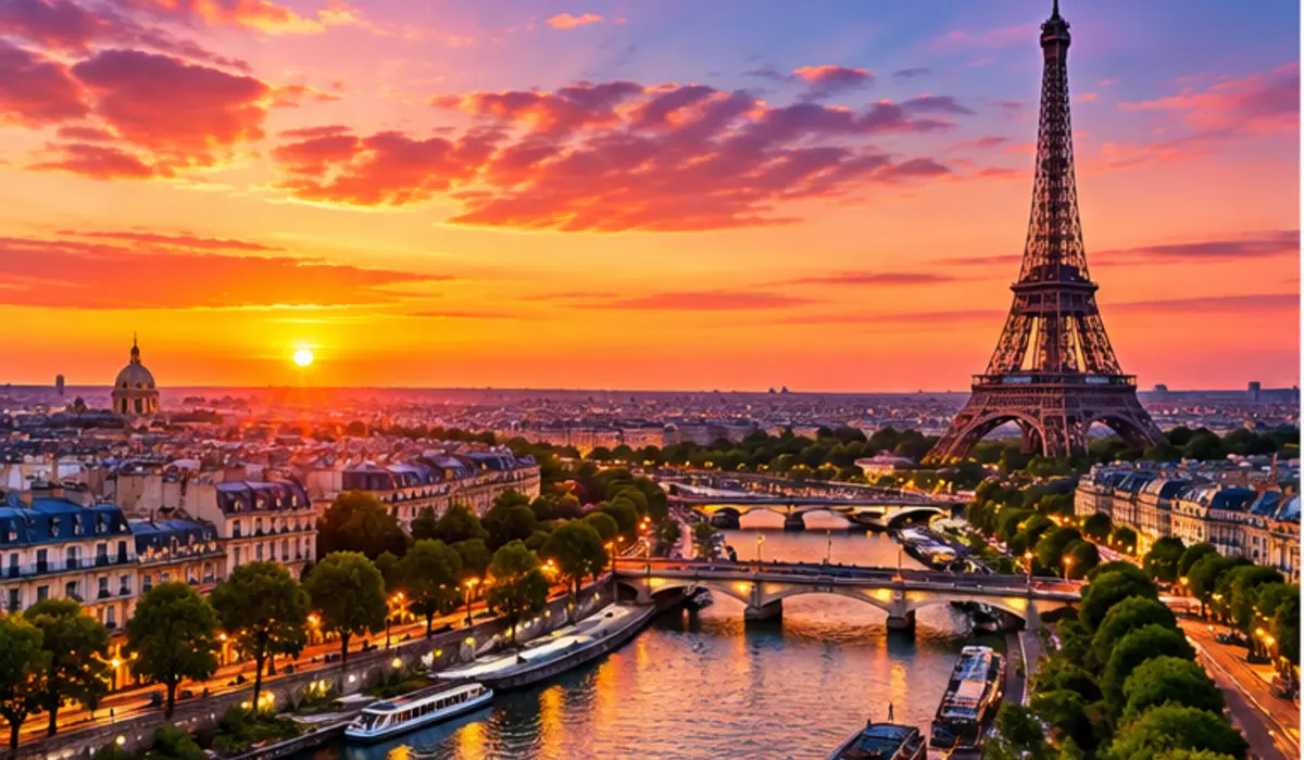 Paris skyline and Eiffel Tower at sunset