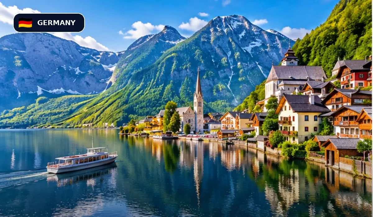 Alpine lake and mountain town used as a Germany travel connectivity illustration
