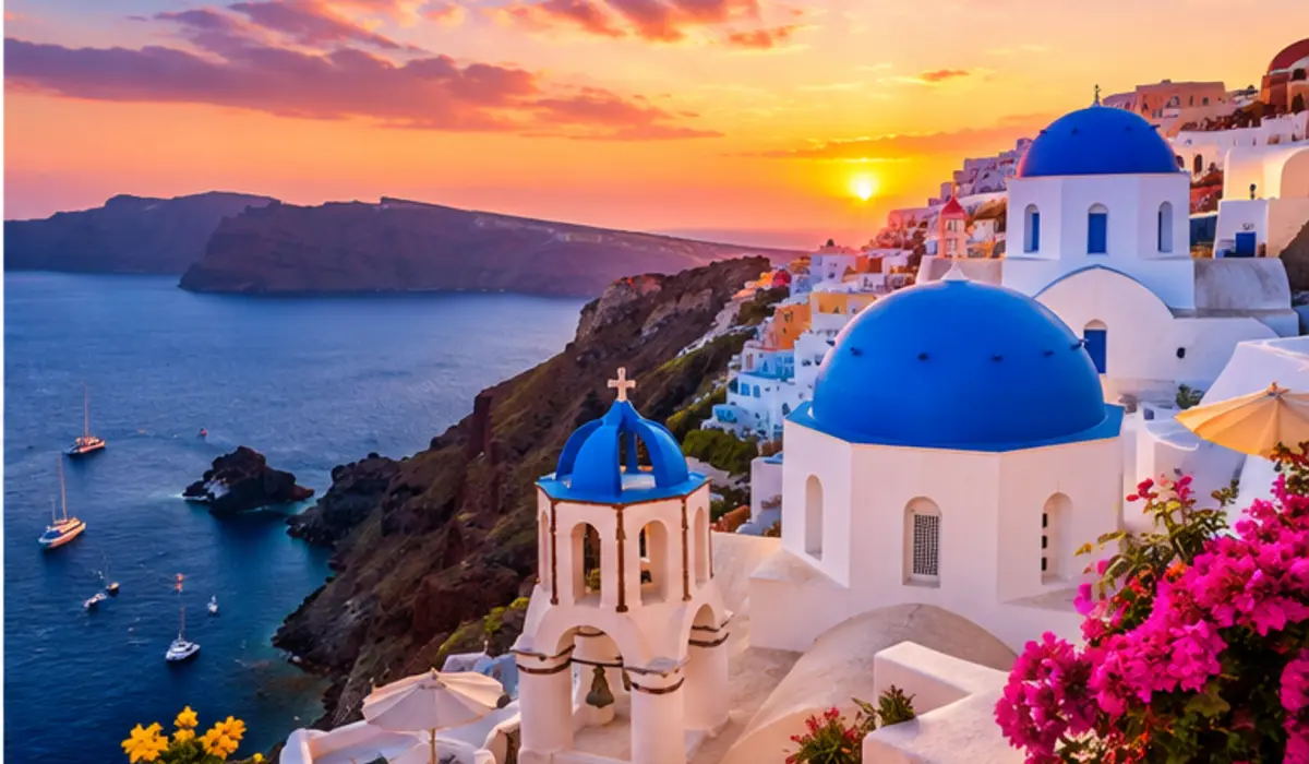 Santorini whitewashed buildings and blue domes above the Aegean Sea at sunset