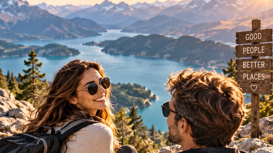 Travelers overlooking a mountain lake while planning their trip