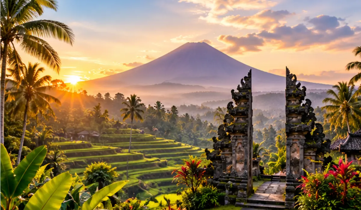 Bali volcano, temple gate and tropical landscape used as an Indonesia travel connectivity illustration