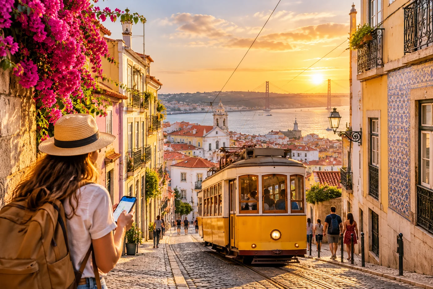 Lisbon yellow tram, tiled buildings and Tagus River at sunset