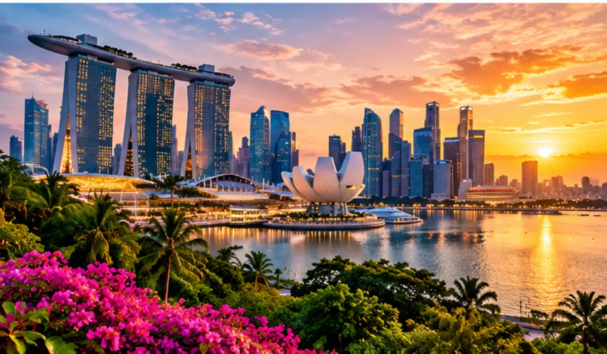 Singapore Marina Bay skyline at sunset used as a travel connectivity illustration