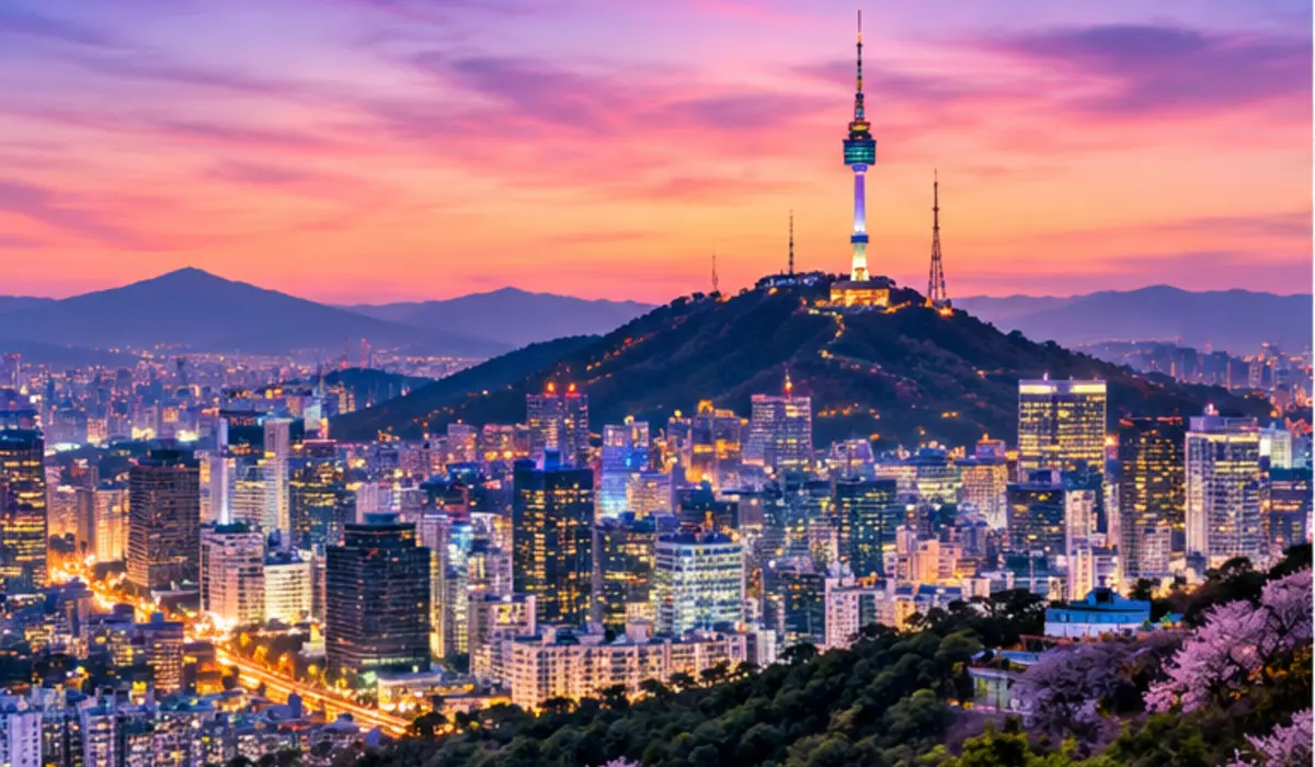 Seoul skyline and N Seoul Tower at sunset