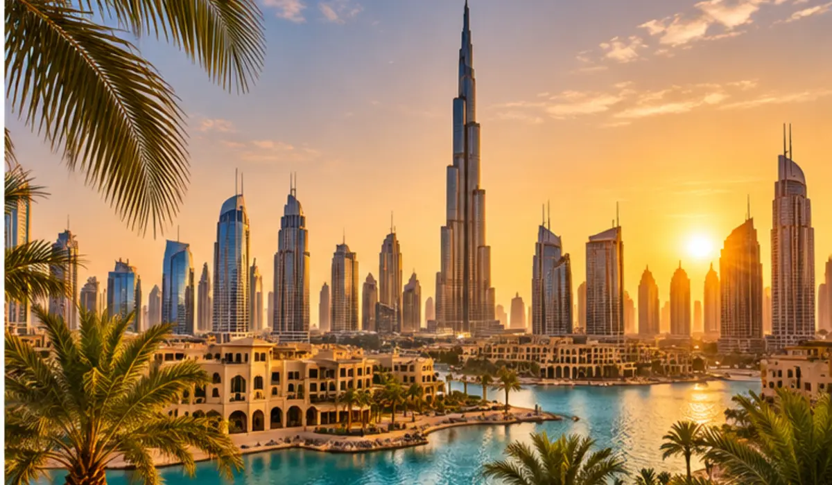 Dubai skyline with Burj Khalifa and modern towers at sunset