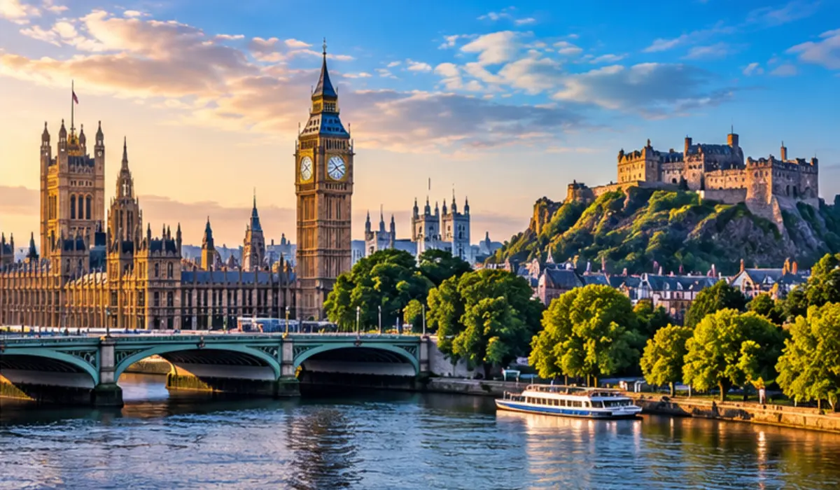 London and Edinburgh landmarks beside the River Thames at golden hour