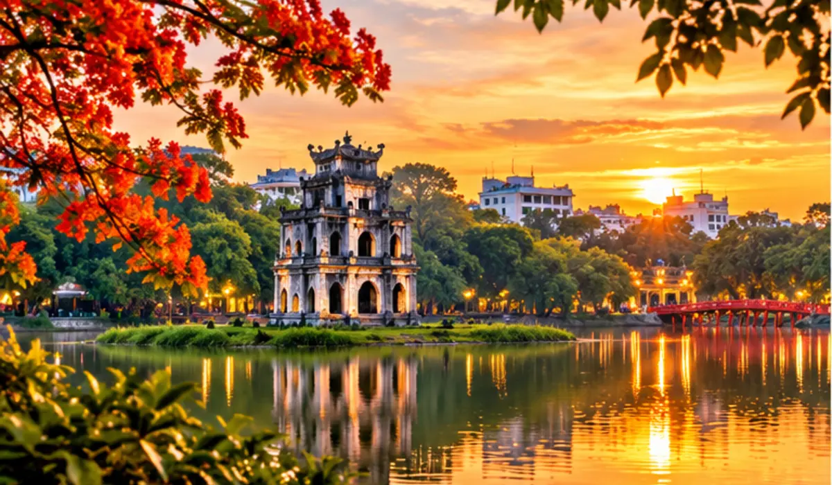 Hanoi Hoan Kiem Lake and Turtle Tower at sunset used as a Vietnam travel connectivity illustration