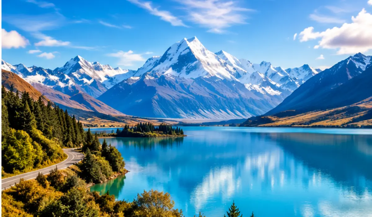 Turquoise alpine lake and snow-capped mountains used as a New Zealand travel connectivity illustration