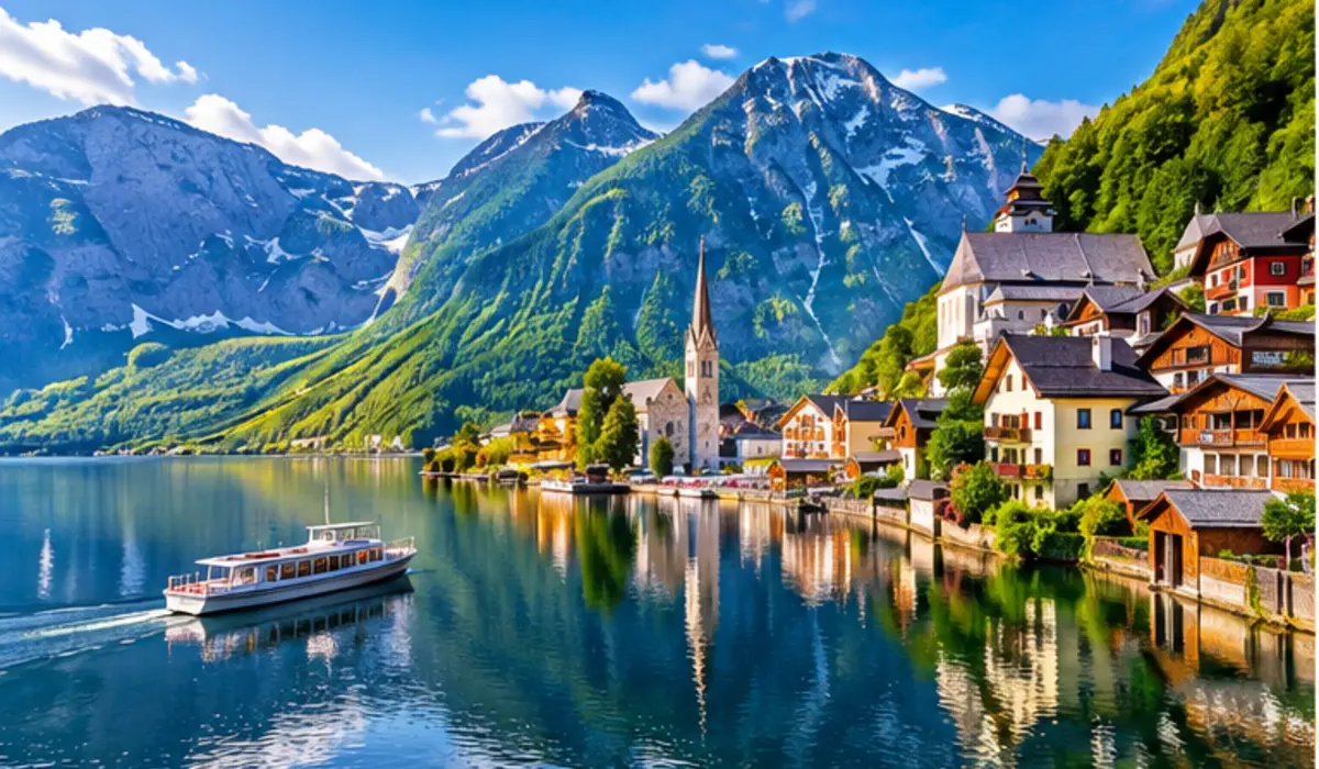 Alpine lake, mountains and village used as a Switzerland travel connectivity illustration