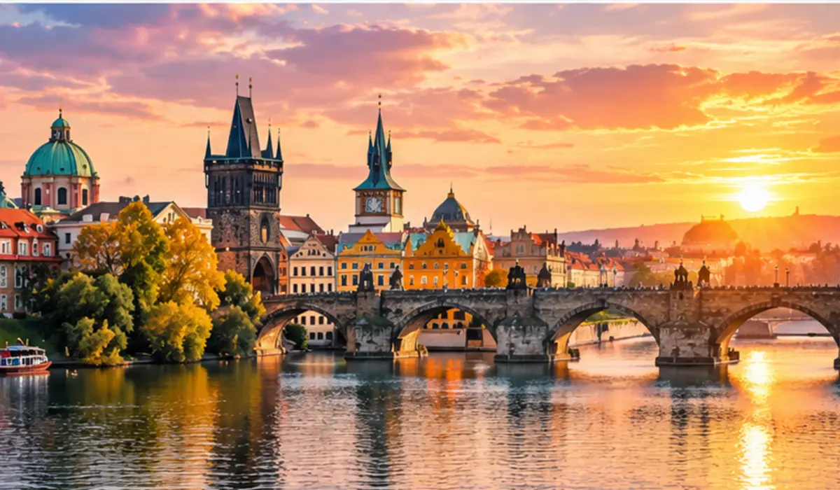 Prague skyline, river and historic towers used as a Czech Republic travel connectivity illustration