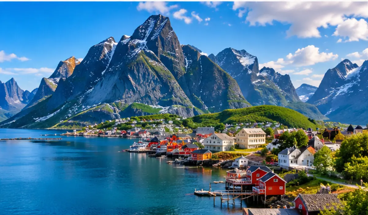 Norwegian fjord village and mountain landscape used as a Norway travel connectivity illustration