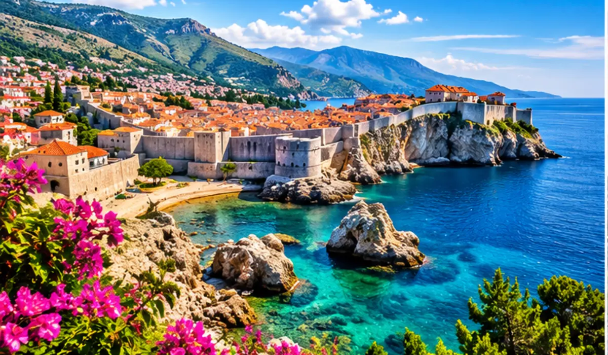 Sunlit Adriatic coastal town and blue sea used as a Croatia travel connectivity illustration